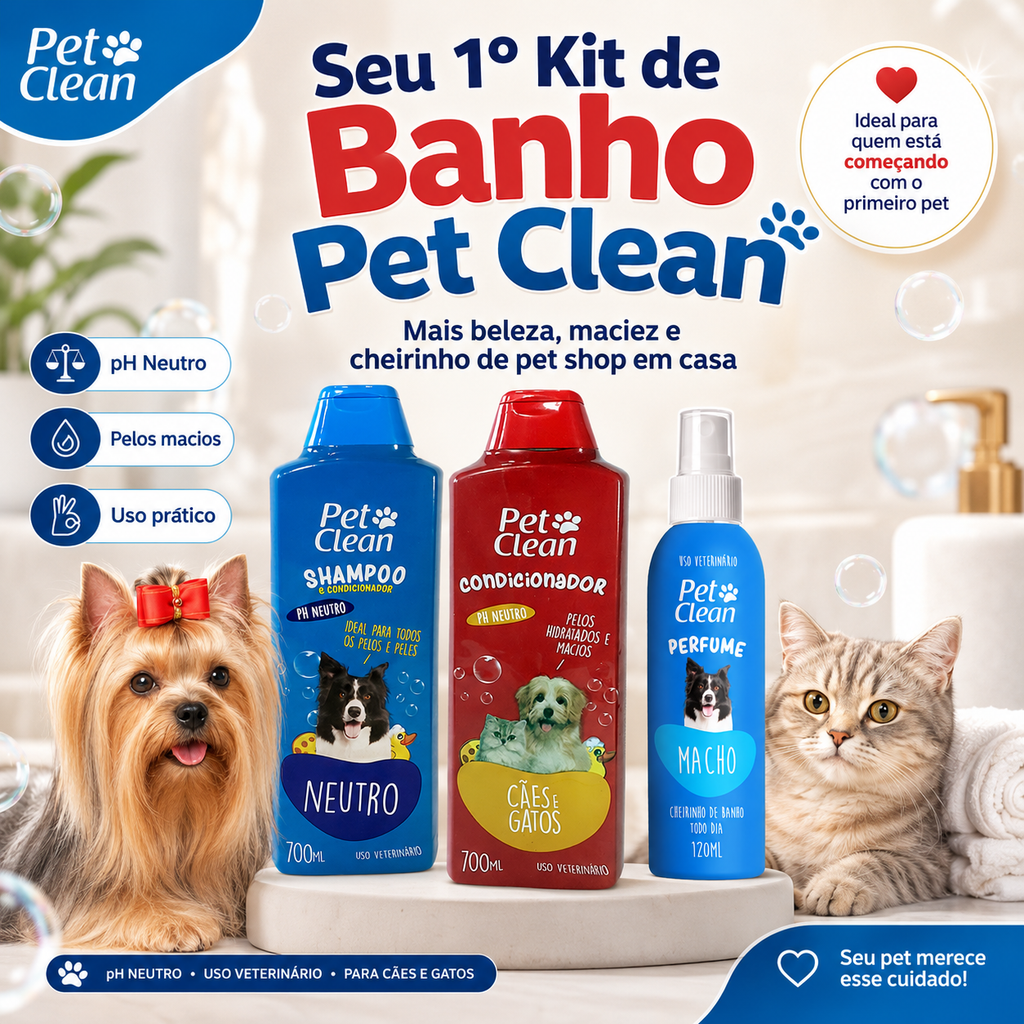 Kit Banho Pet Clean para Cães e Gatos – Shampoo 2 em 1, Condicionador e Perfume