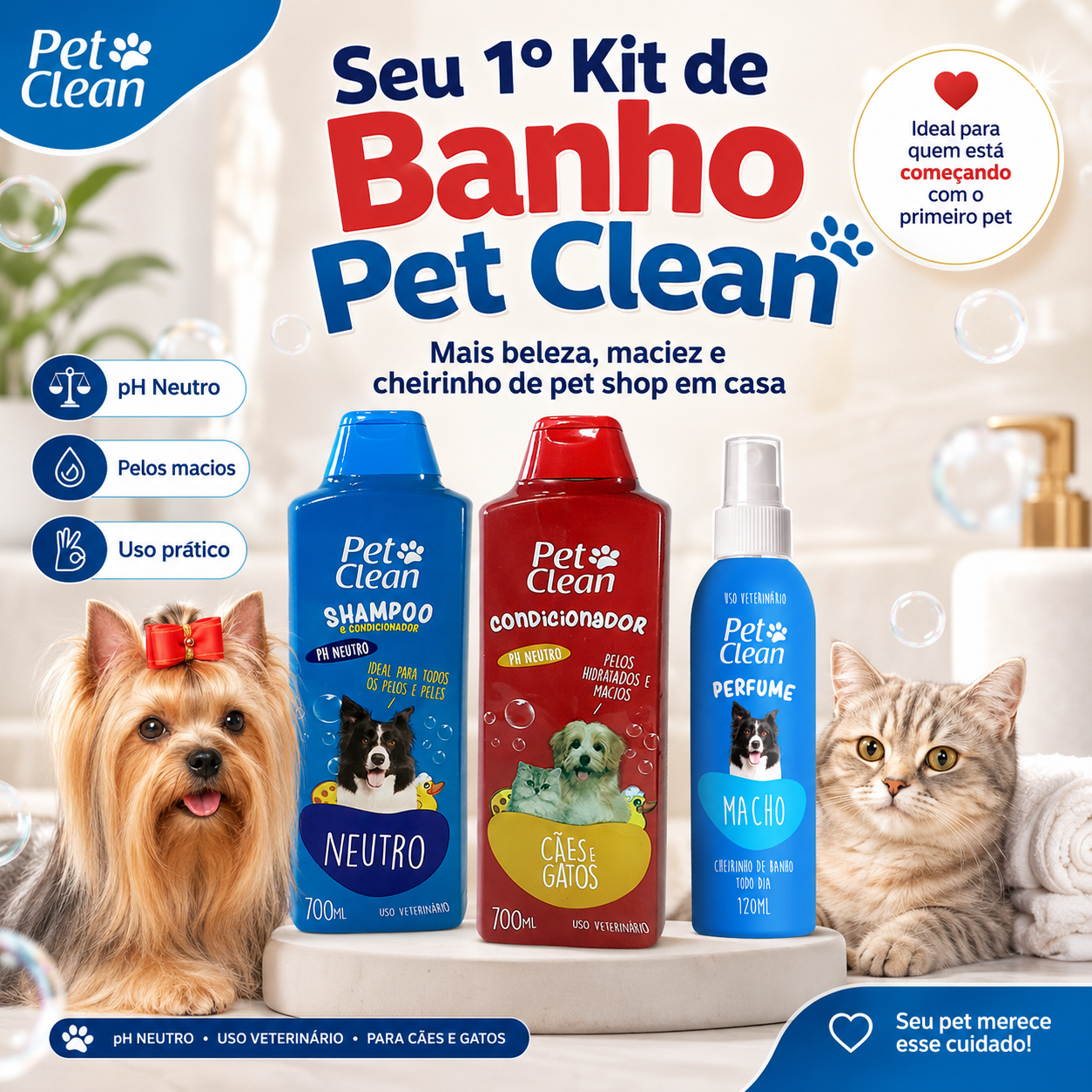 Kit Banho Pet Clean para Cães e Gatos – Shampoo 2 em 1, Condicionador e Perfume