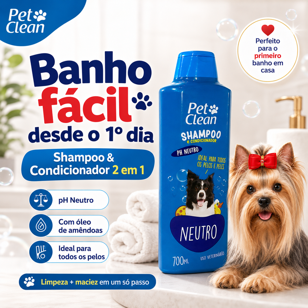 Kit Banho Pet Clean para Cães e Gatos – Shampoo 2 em 1, Condicionador e Perfume