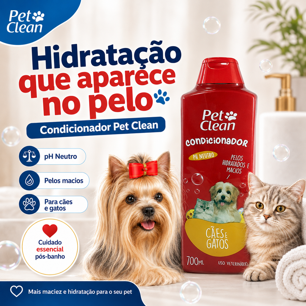 Kit Banho Pet Clean para Cães e Gatos – Shampoo 2 em 1, Condicionador e Perfume