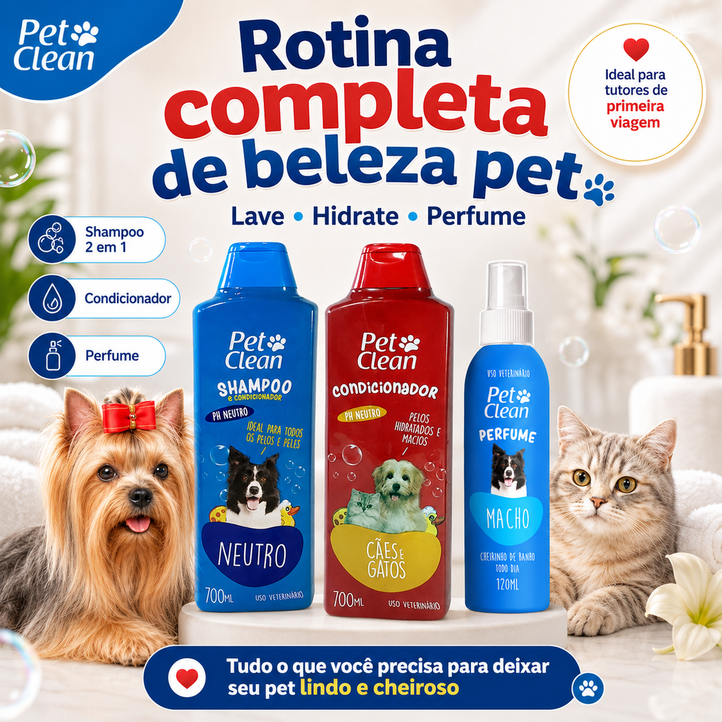 Kit Banho Pet Clean para Cães e Gatos – Shampoo 2 em 1, Condicionador e Perfume