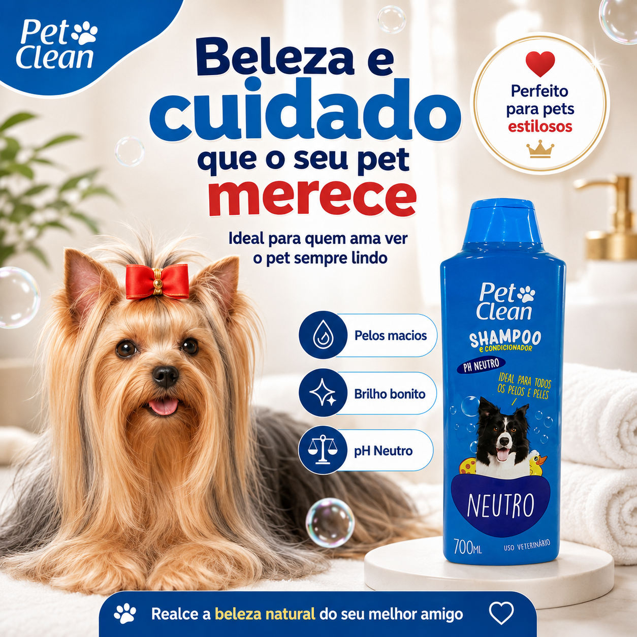 Kit Banho Pet Clean para Cães e Gatos – Shampoo 2 em 1, Condicionador e Perfume