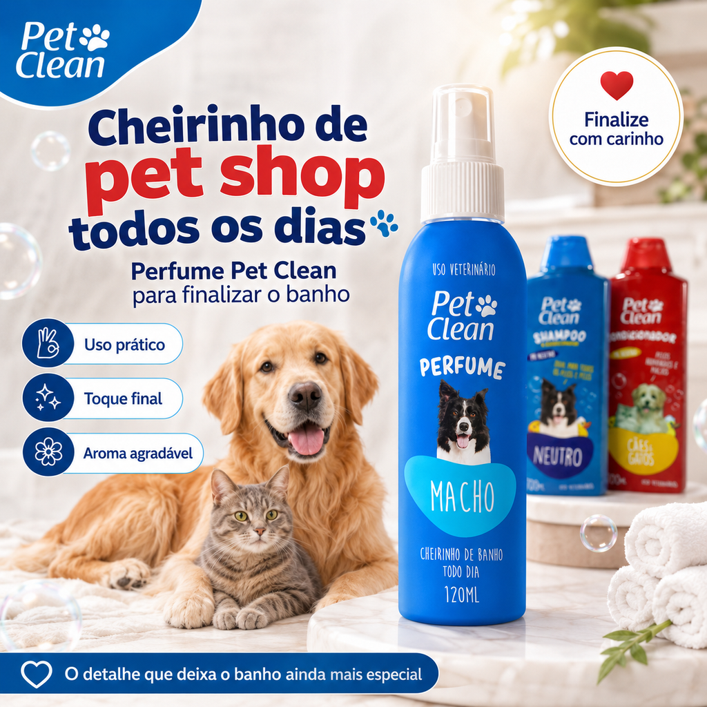 Kit Banho Pet Clean para Cães e Gatos – Shampoo 2 em 1, Condicionador e Perfume
