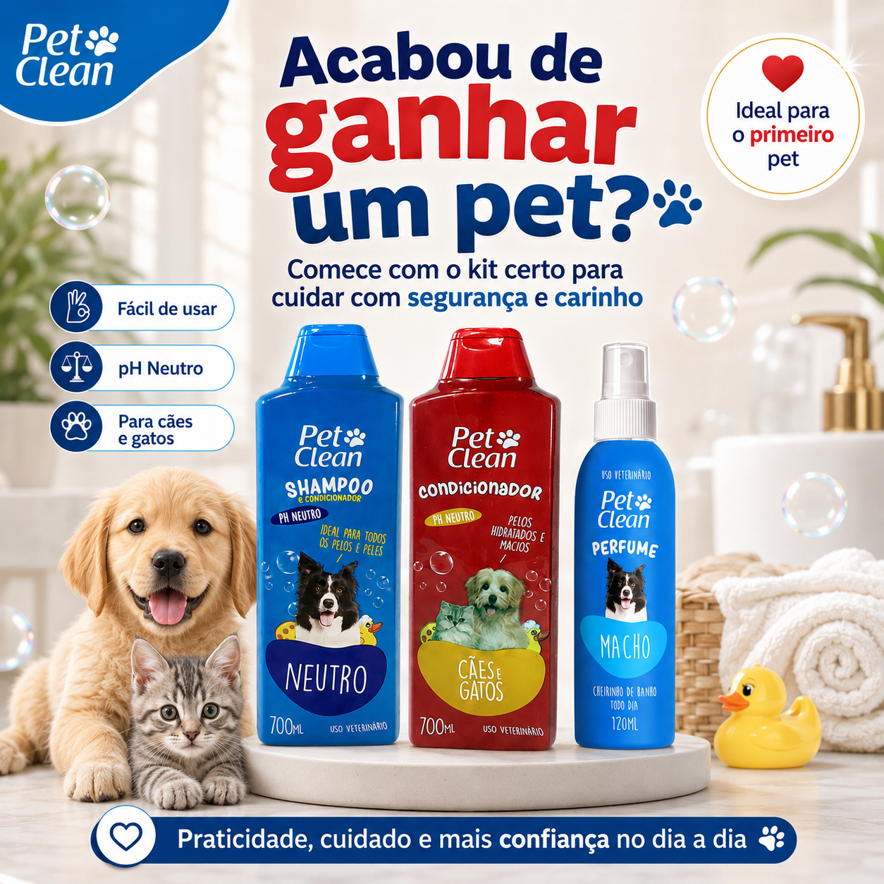 Kit Banho Pet Clean para Cães e Gatos – Shampoo 2 em 1, Condicionador e Perfume