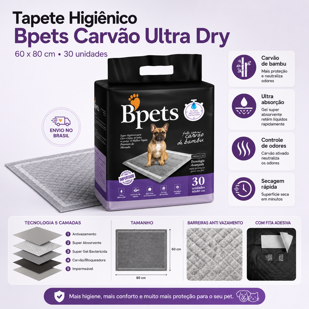 Tapete Higiênico Petora Bpets Carvão e Bambu 60x80cm — 30 Unidades