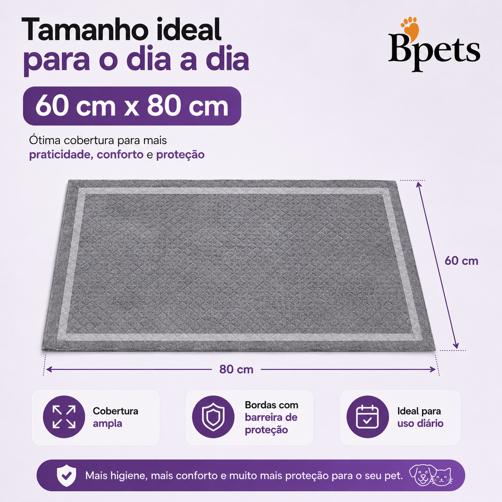 Tapete Higiênico Petora Bpets Carvão e Bambu 60x80cm — 30 Unidades