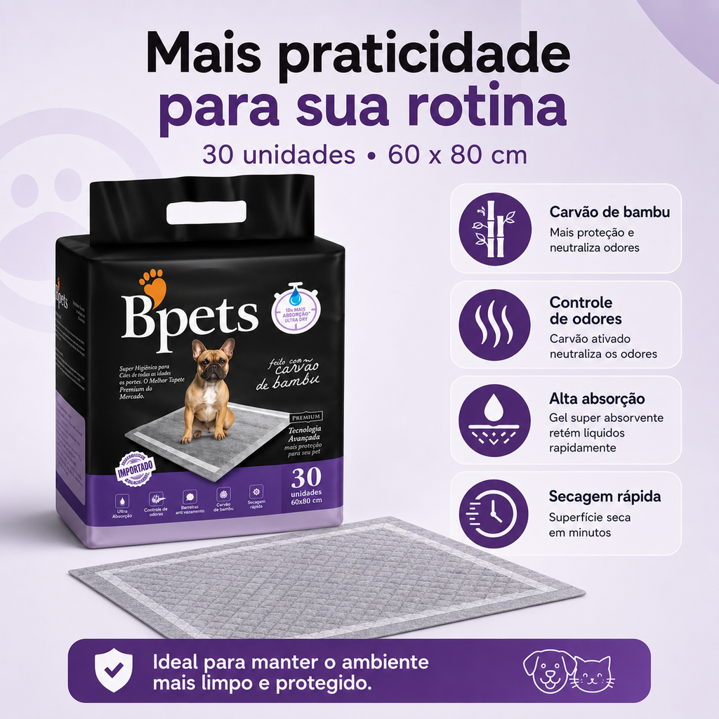 Tapete Higiênico Petora Bpets Carvão e Bambu 60x80cm — 30 Unidades